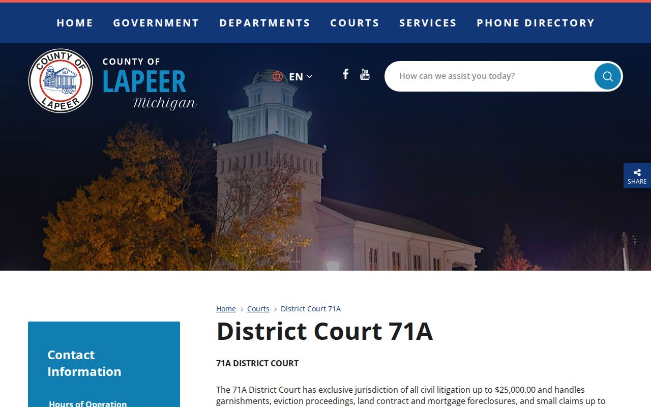 Lapeer County 71A District Court page showing jurisdiction, address, phone, and hours