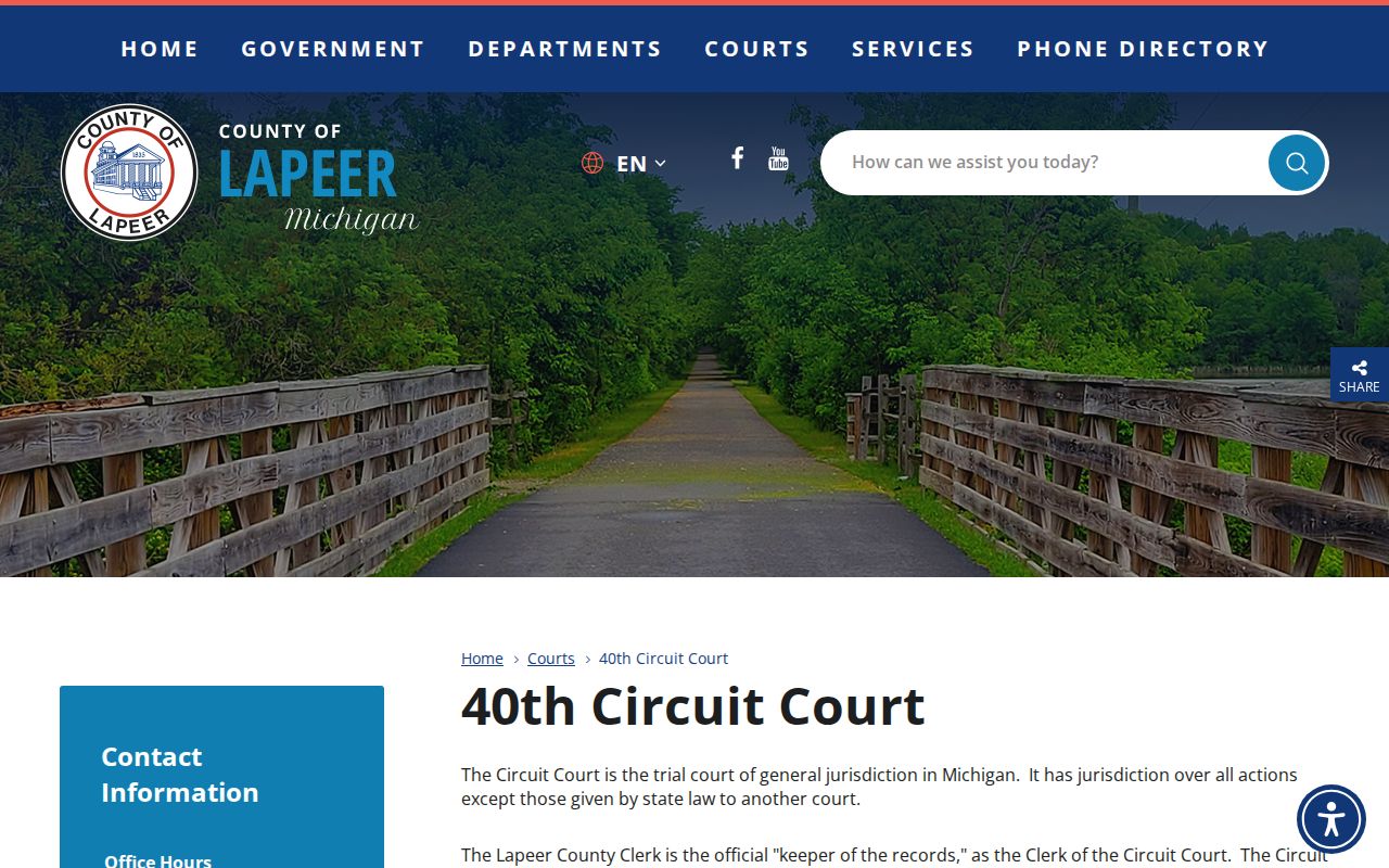 Lapeer County Circuit Court page showing the circuit clerk office and criminal division routing