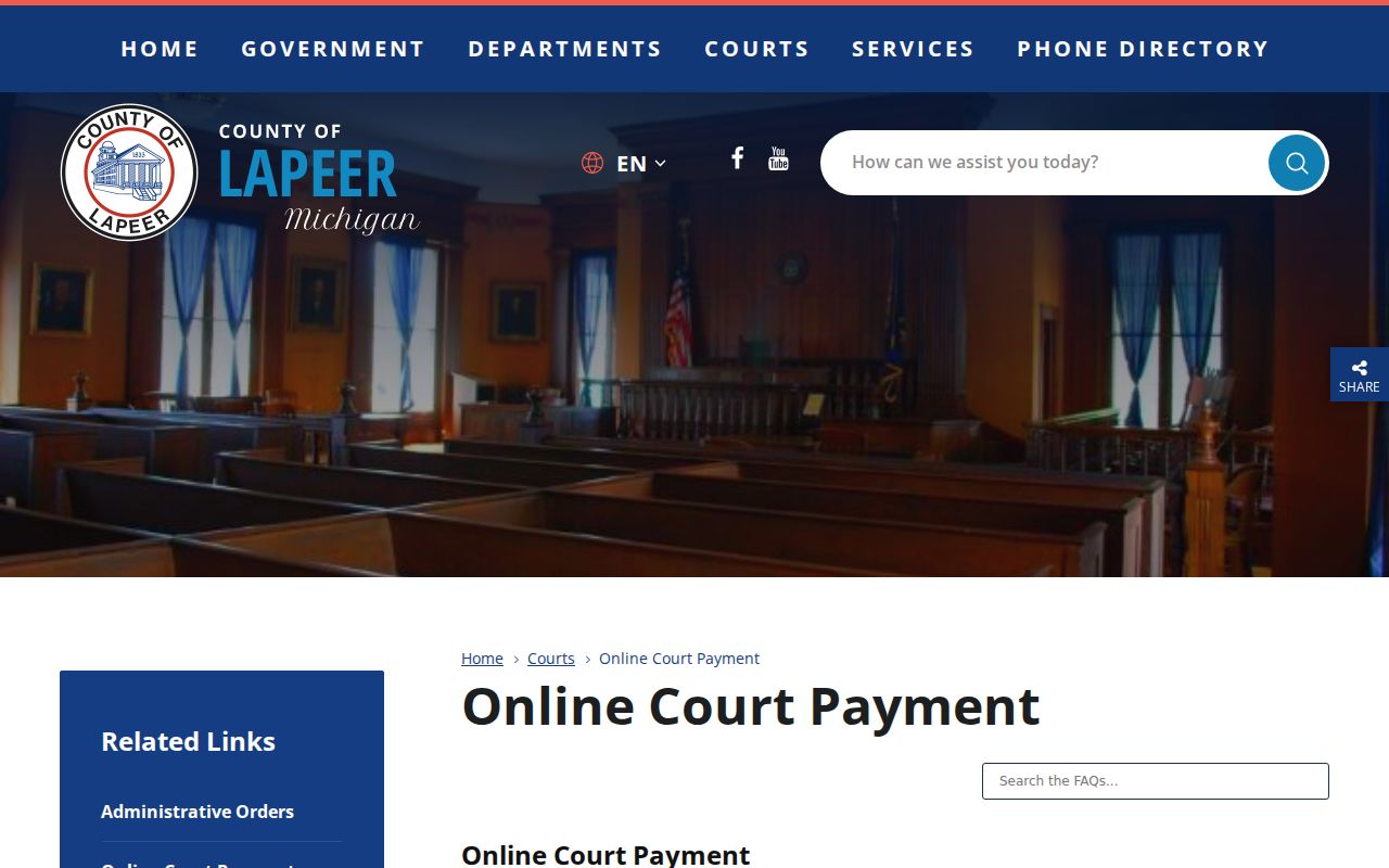 Lapeer County online court payment page showing court-specific payment fields and location codes