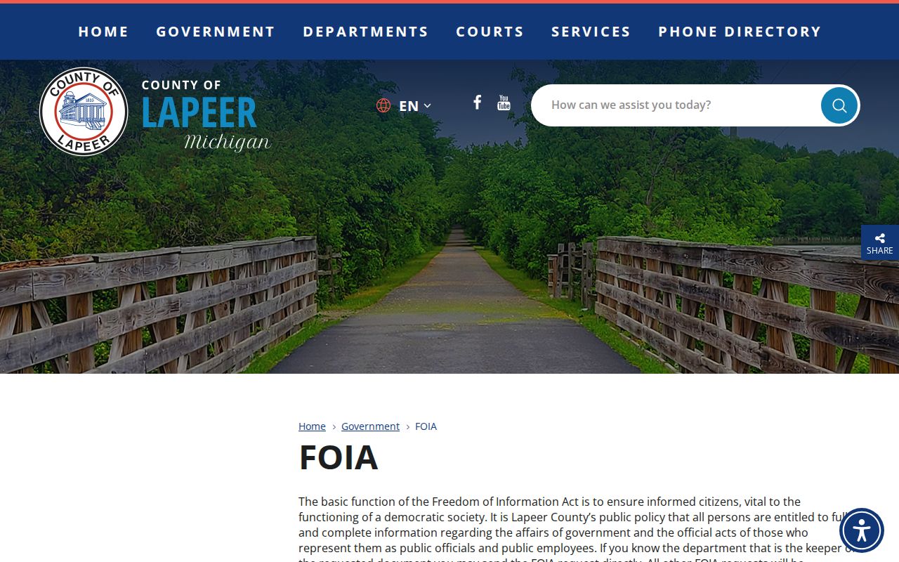 Lapeer County FOIA page showing direct-keeper instructions and coordinator contact details