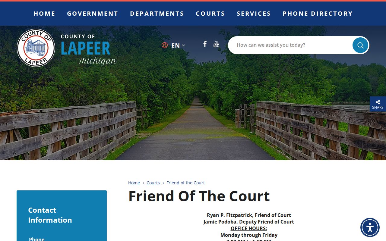 Lapeer County Friend of the Court page showing support enforcement role, contacts, and forms