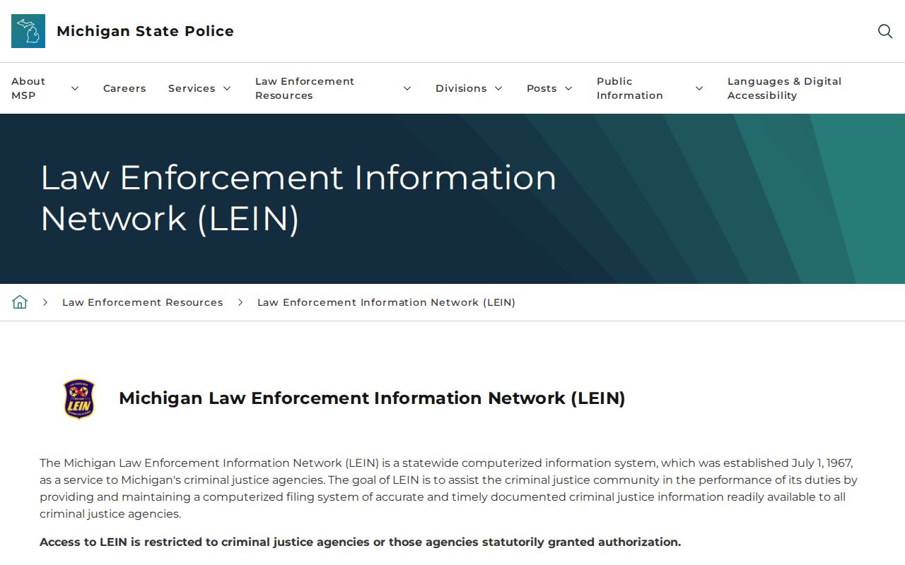 Michigan LEIN page showing the restricted-access notice that applies to Lapeer County warrant lookups