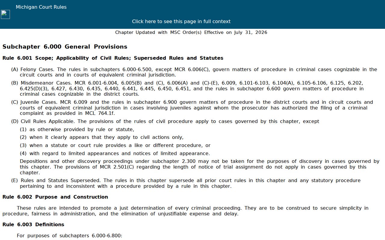 Michigan court rule page showing failure-to-appear timing and immediate bench warrant exceptions