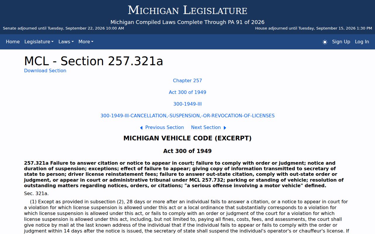Lapeer County warrant records source showing the Michigan traffic failure-to-answer license suspension statute