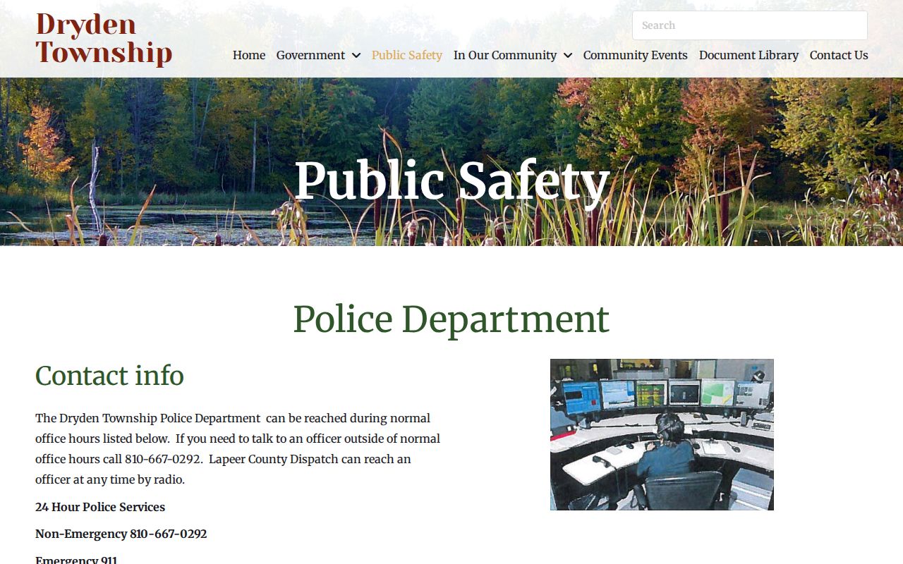 Lapeer County warrant records source showing Dryden police office hours, dispatch availability, and service area