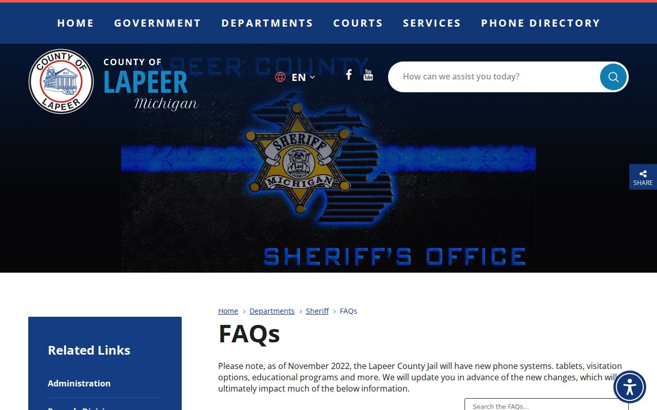 Lapeer County Sheriff FAQ page showing cash and surety bond instructions and jail lobby details