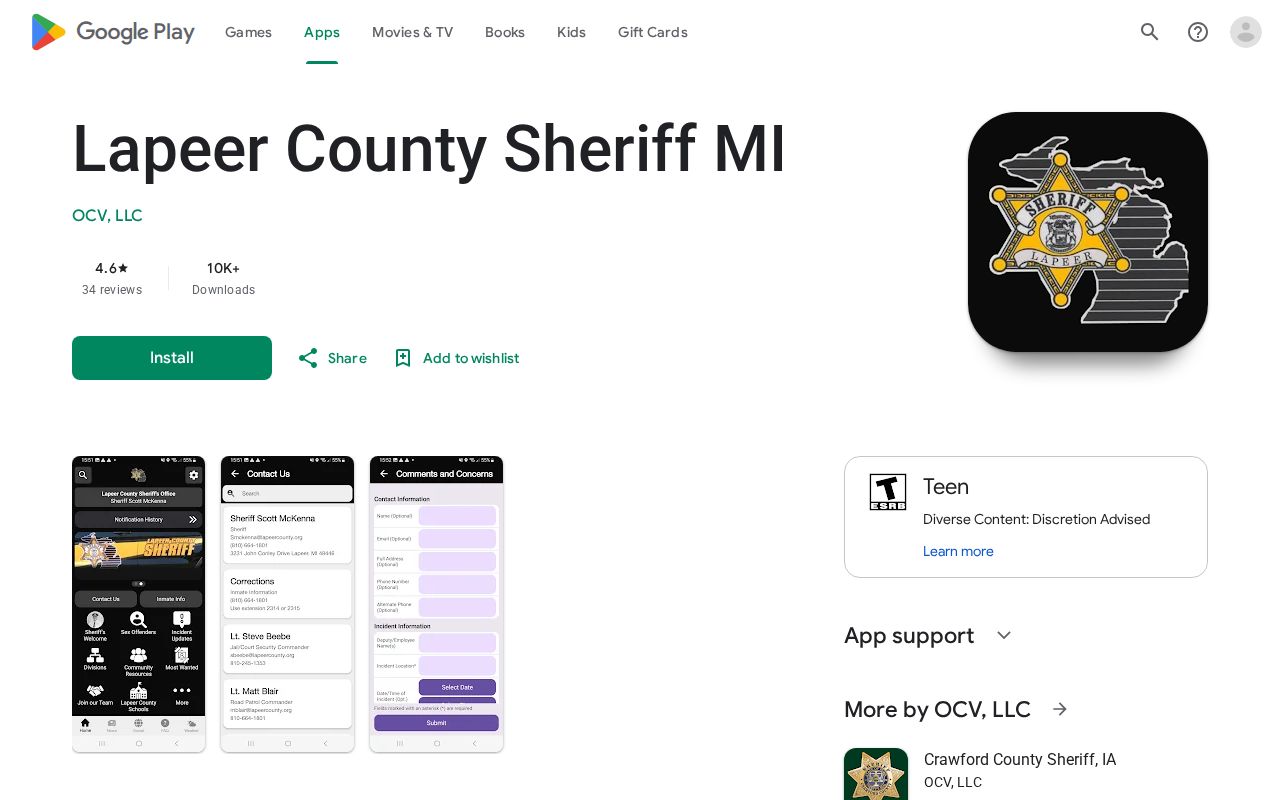 Lapeer County warrant records source showing the official sheriff app listing with no public warrant fields