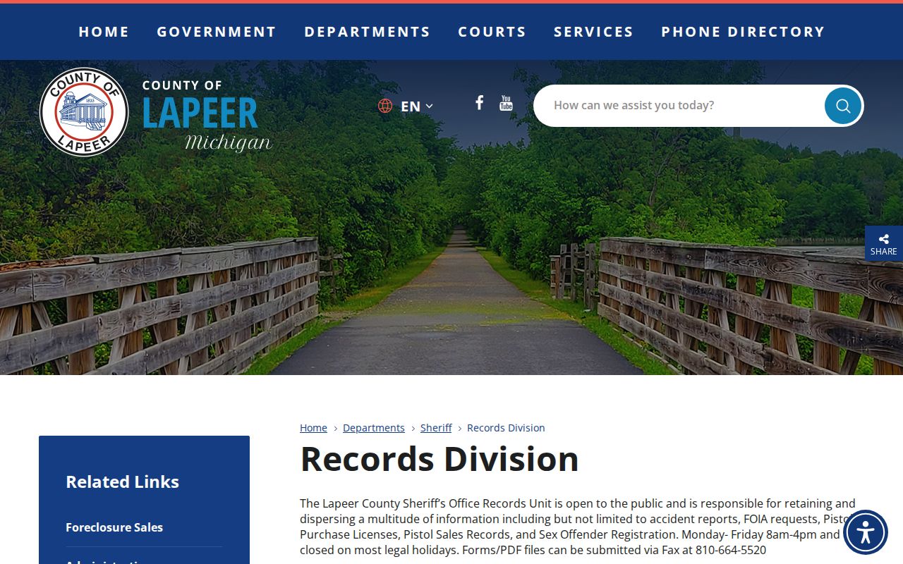 Lapeer County Sheriff Records Division page showing public records services and FOIA navigation