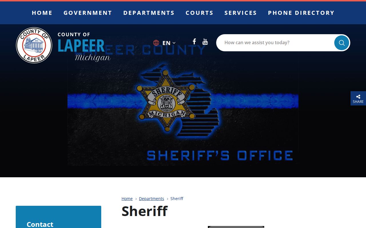 Lapeer County warrant records source showing the sheriff mission, address, and department navigation